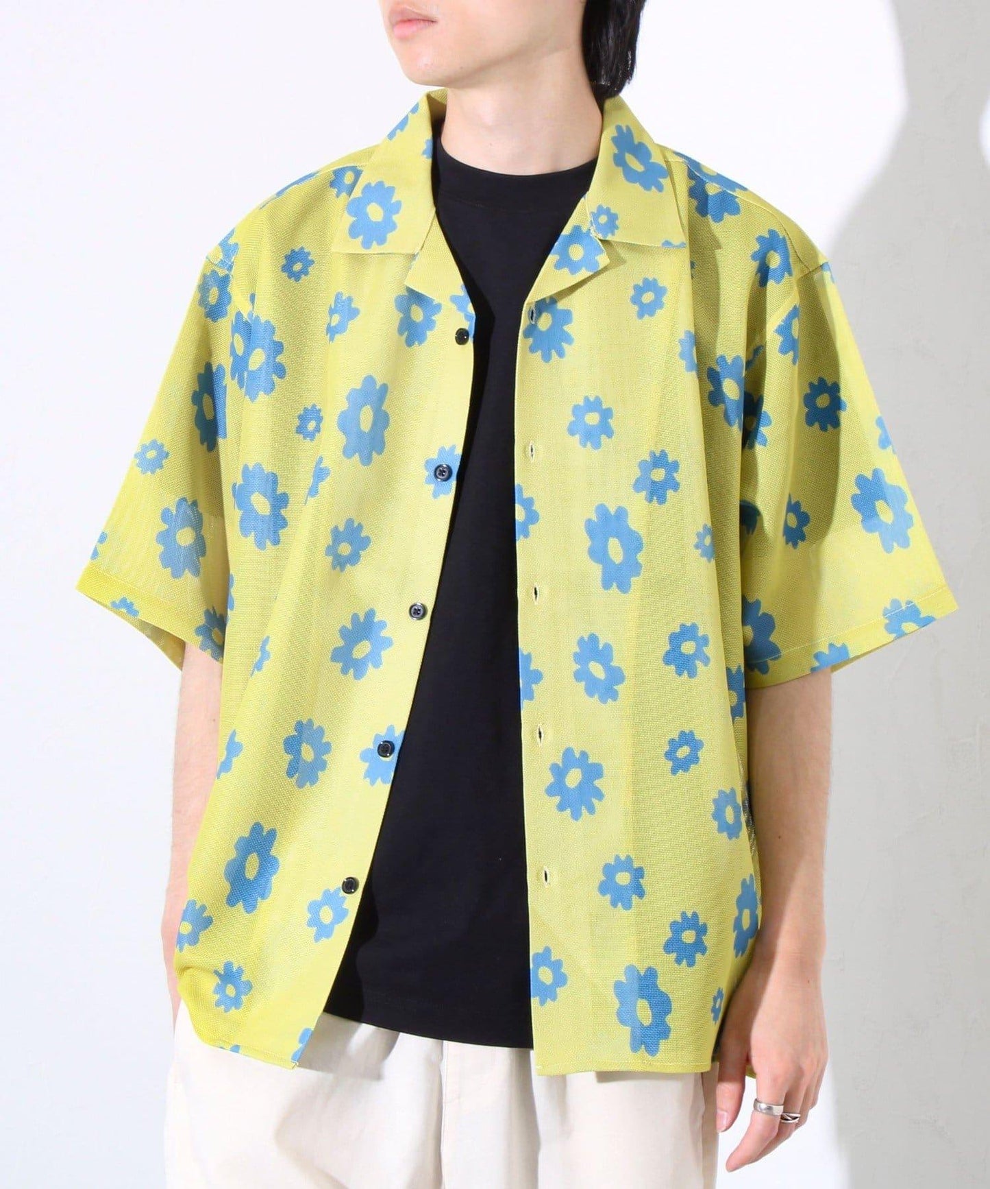 【GLOSTER】花朵網眼襯衫短袖開領襯衫