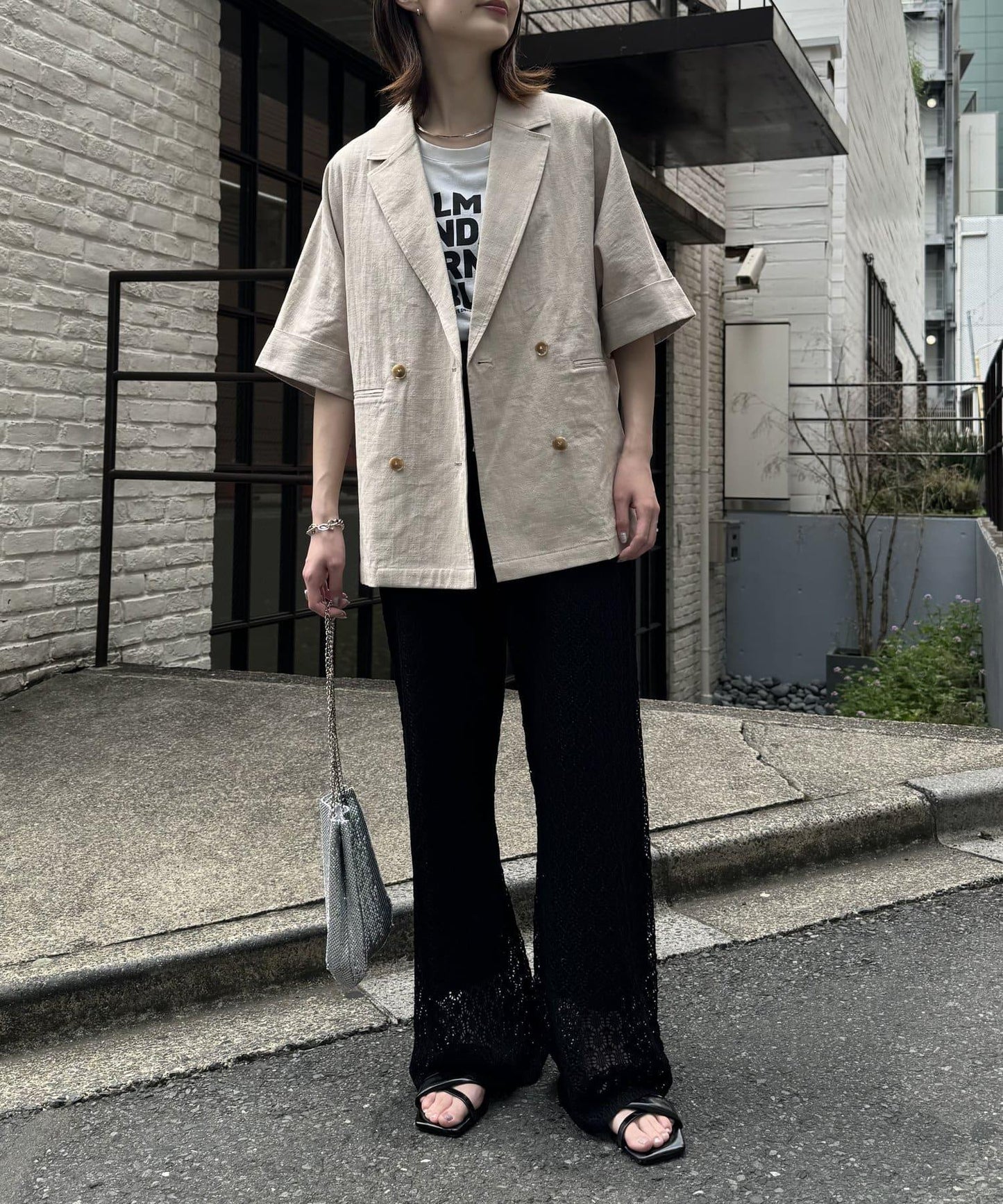 亞麻混鬆軟短袖襯衫外套