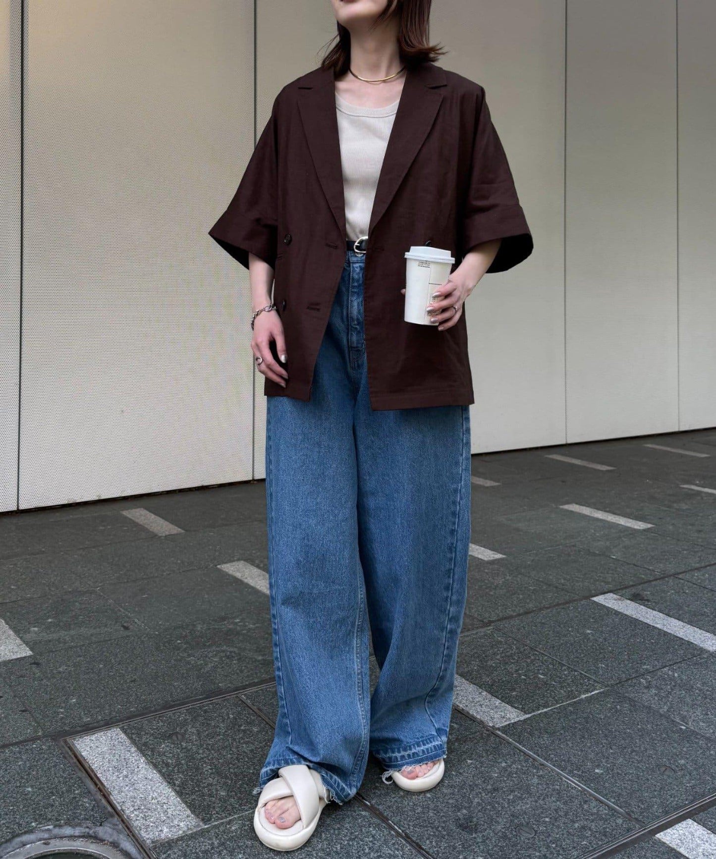 亞麻混鬆軟短袖襯衫外套