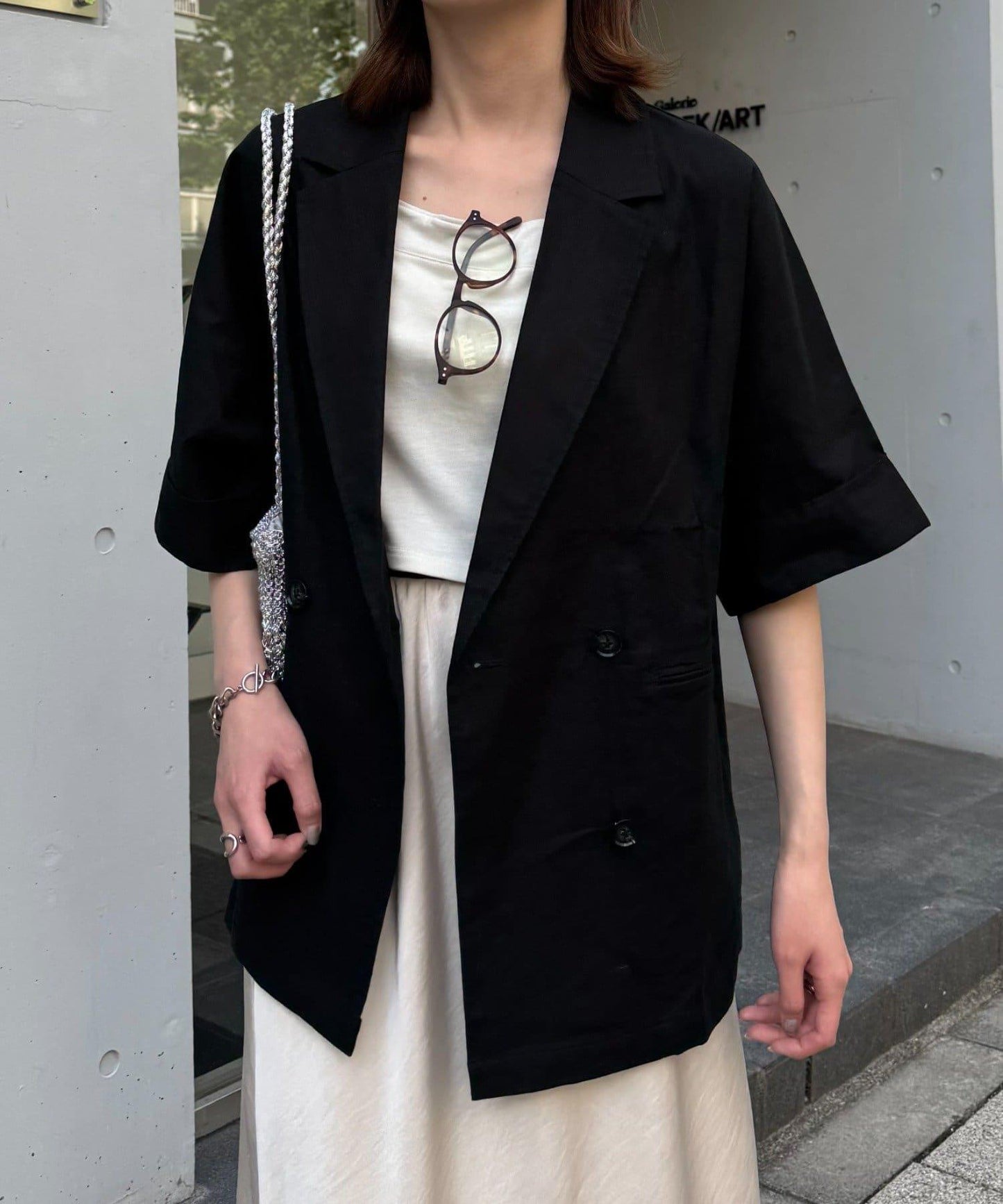 亞麻混鬆軟短袖襯衫外套
