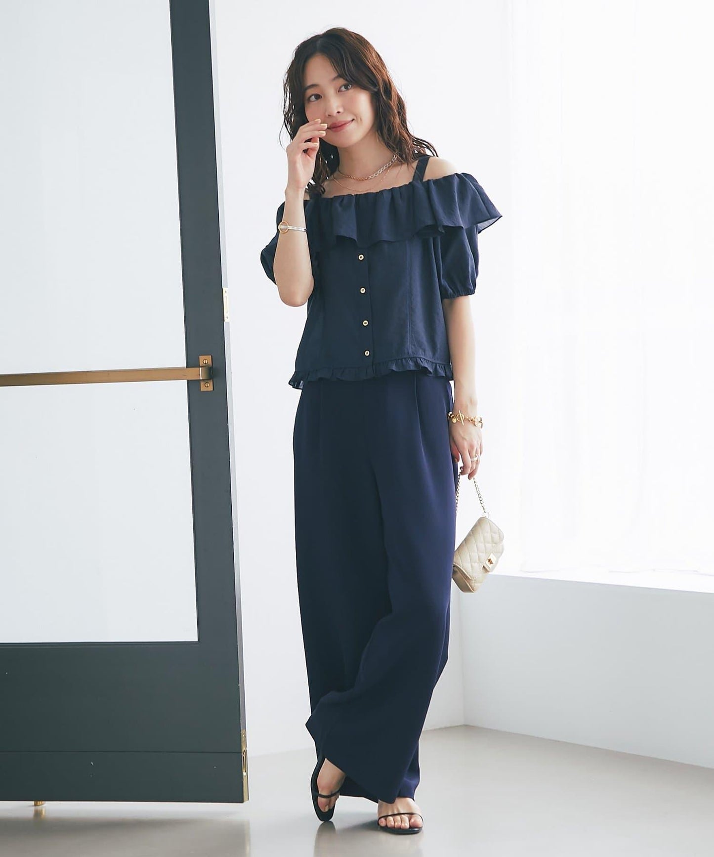 【La boutique BonBon】雙層面料單褶寬腿褲