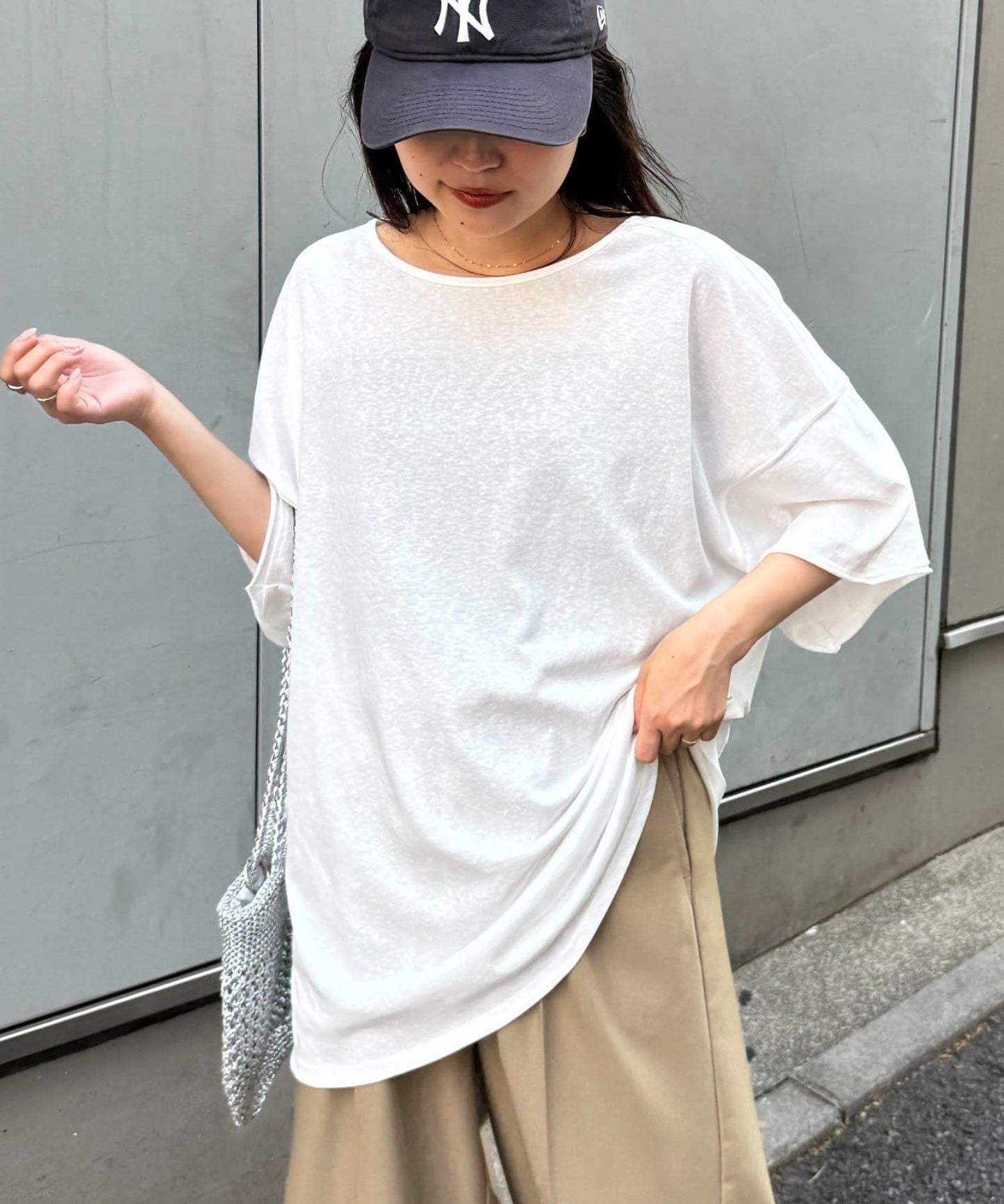 透薄拼接一點刺繡oversize短袖T恤