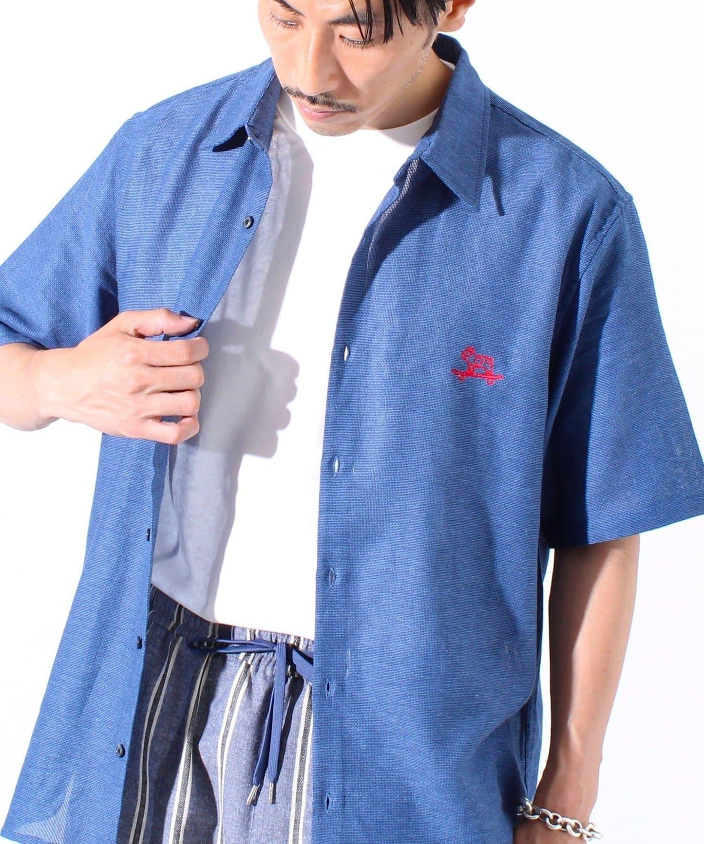 【GLOSTER】棉亞麻巴拿馬 布爾狗刺繡 短袖襯衫 半袖襯衫