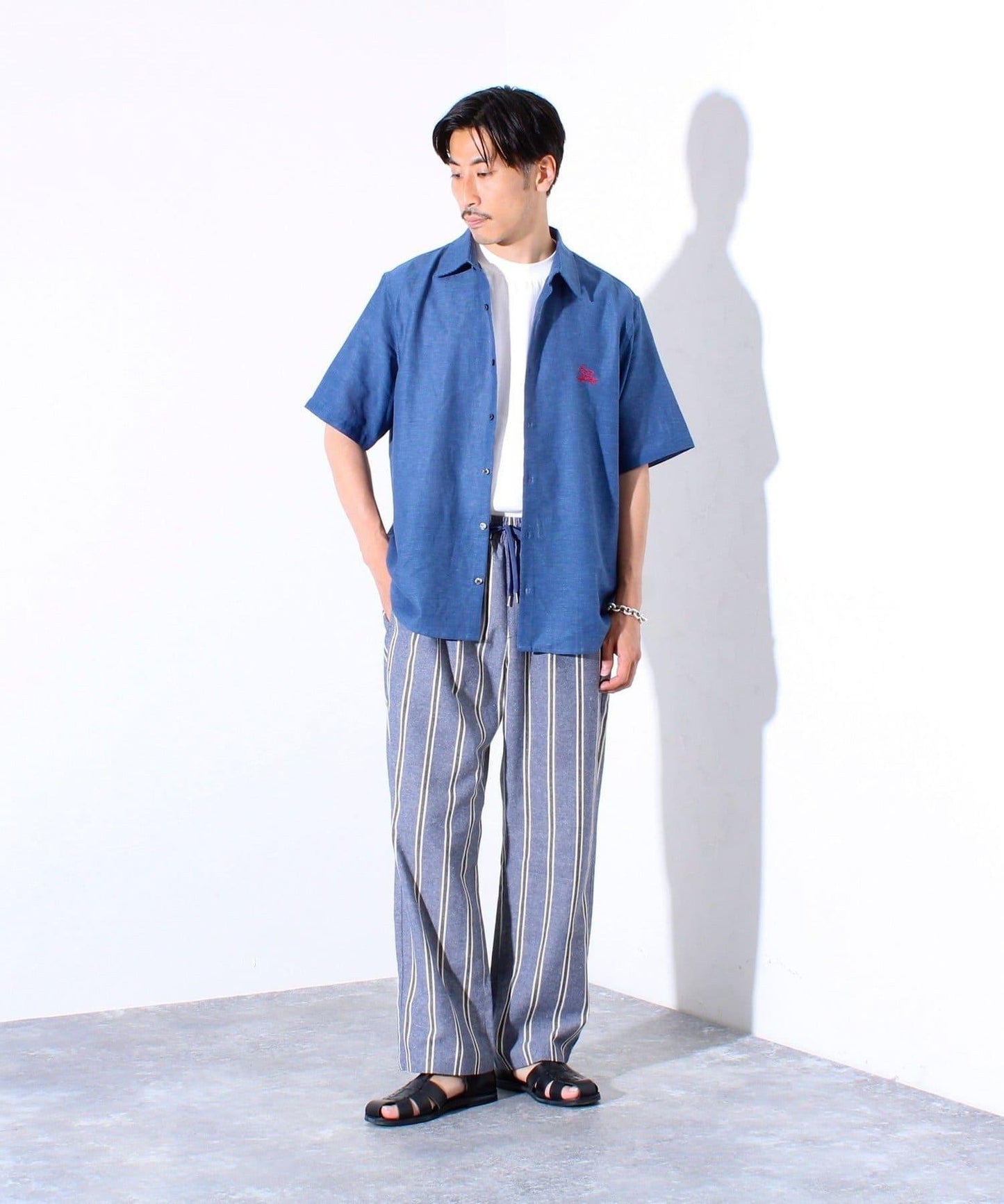 【GLOSTER】棉亞麻巴拿馬 布爾狗刺繡 短袖襯衫 半袖襯衫