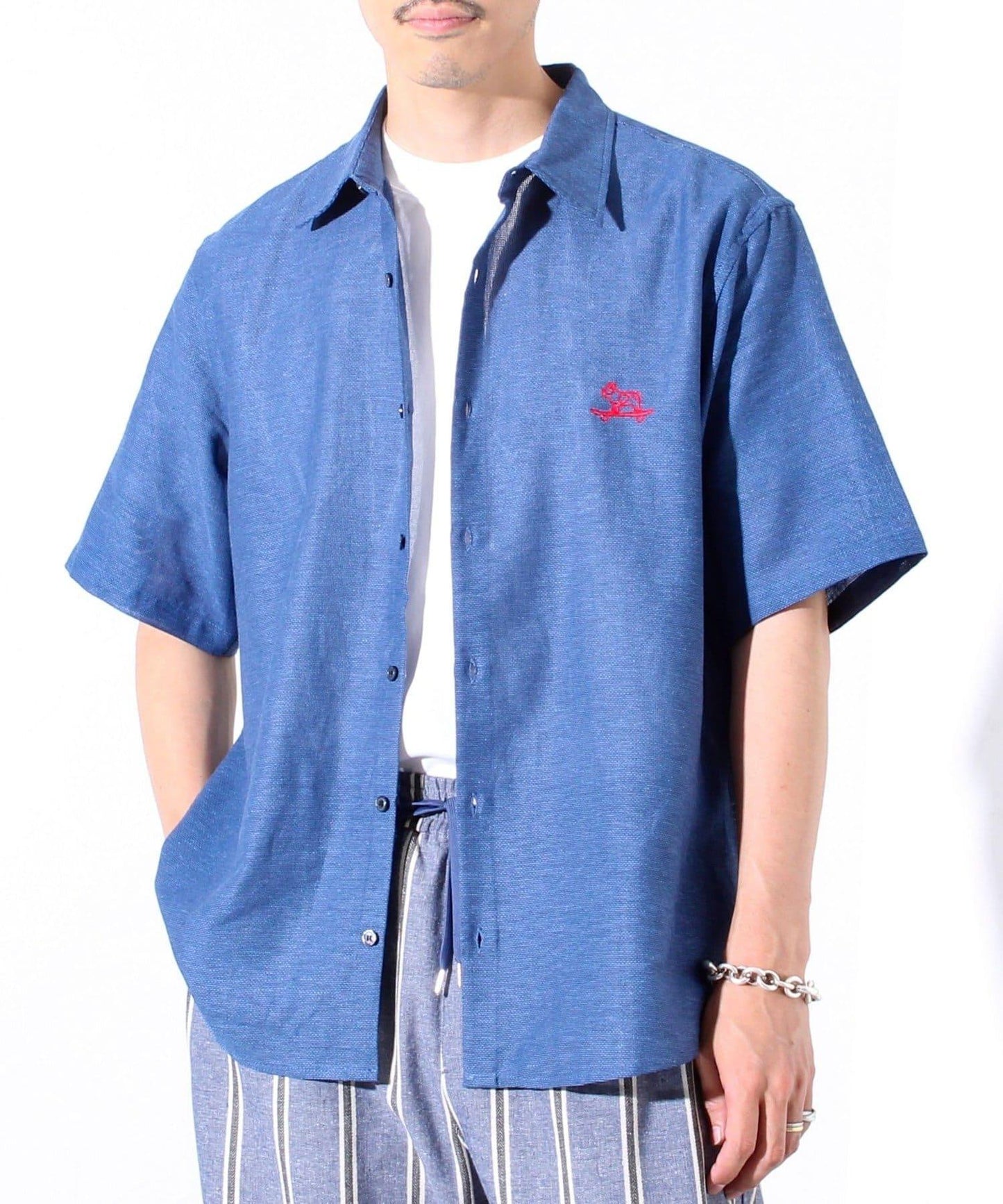 【GLOSTER】棉亞麻巴拿馬 布爾狗刺繡 短袖襯衫 半袖襯衫
