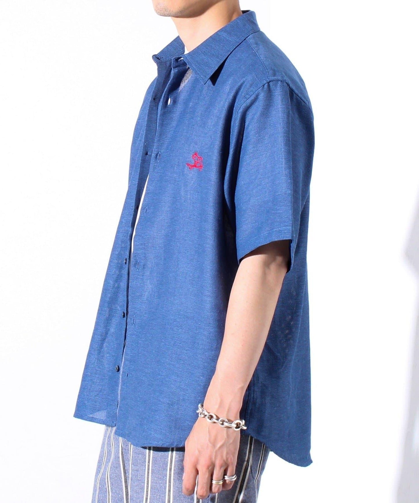 【GLOSTER】棉亞麻巴拿馬 布爾狗刺繡 短袖襯衫 半袖襯衫
