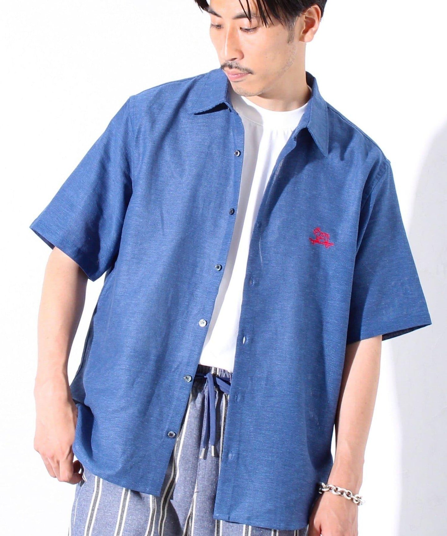 【GLOSTER】棉亞麻巴拿馬 布爾狗刺繡 短袖襯衫 半袖襯衫