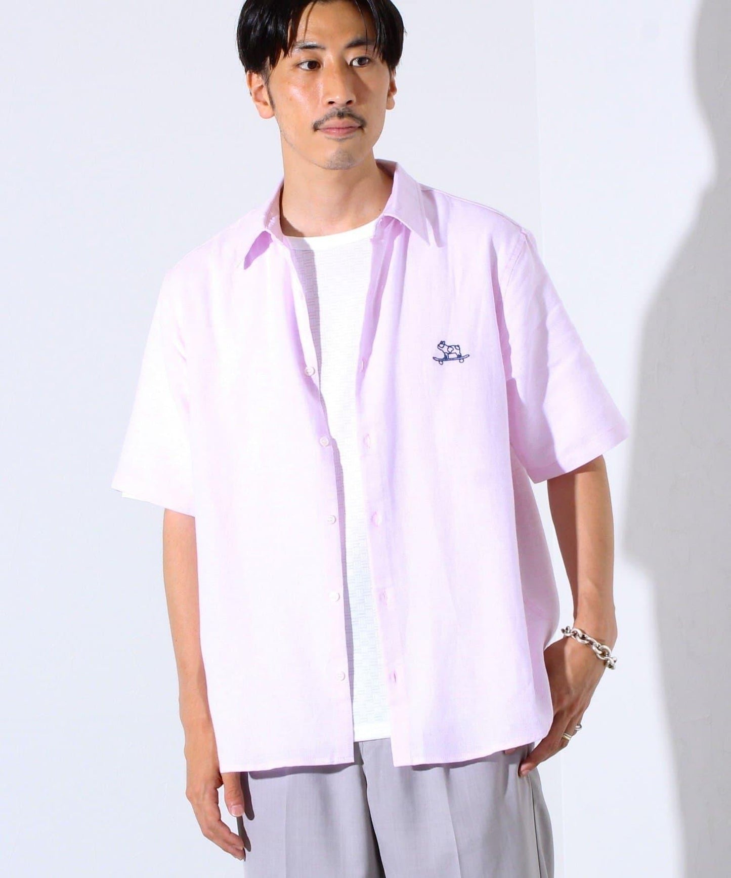 【GLOSTER】棉亞麻巴拿馬 布爾狗刺繡 短袖襯衫 半袖襯衫