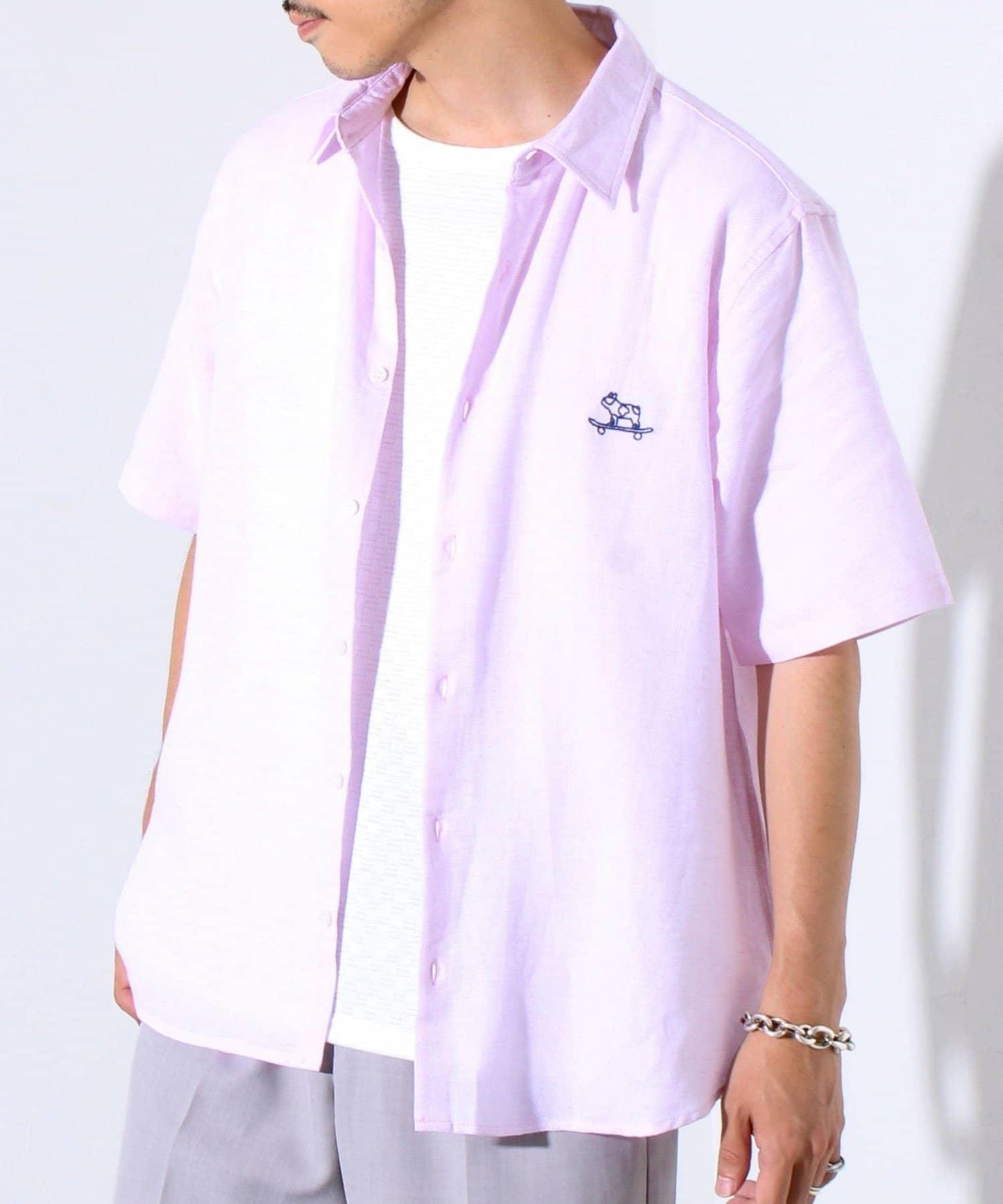 【GLOSTER】棉亞麻巴拿馬 布爾狗刺繡 短袖襯衫 半袖襯衫