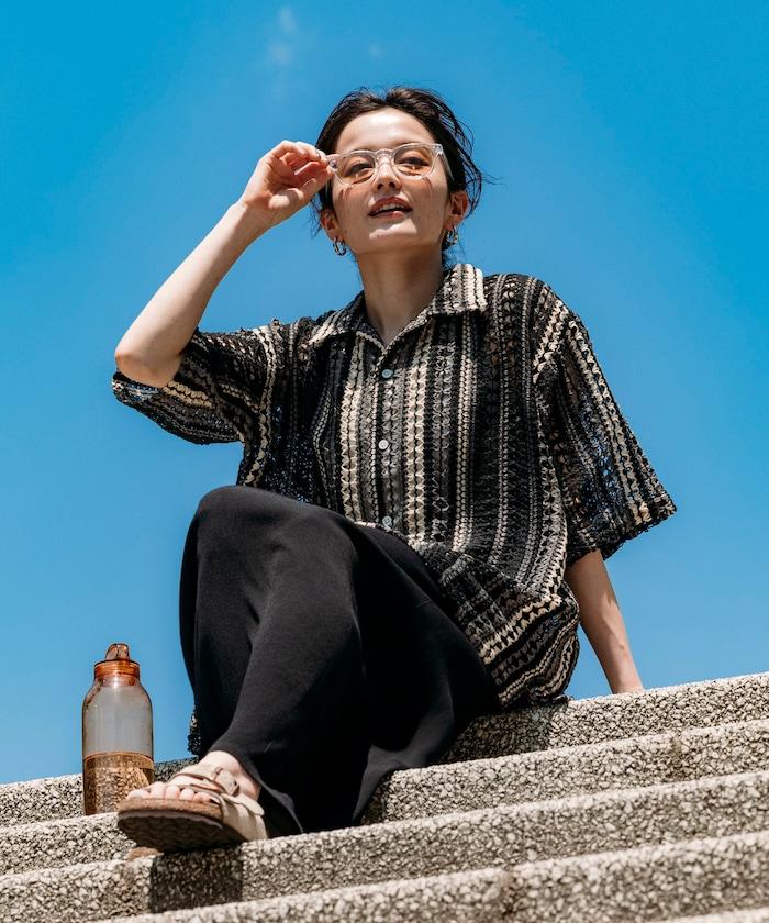印度制 寬鬆版型 綜合圖案蕾絲 多色條紋 開領襯衫 短袖