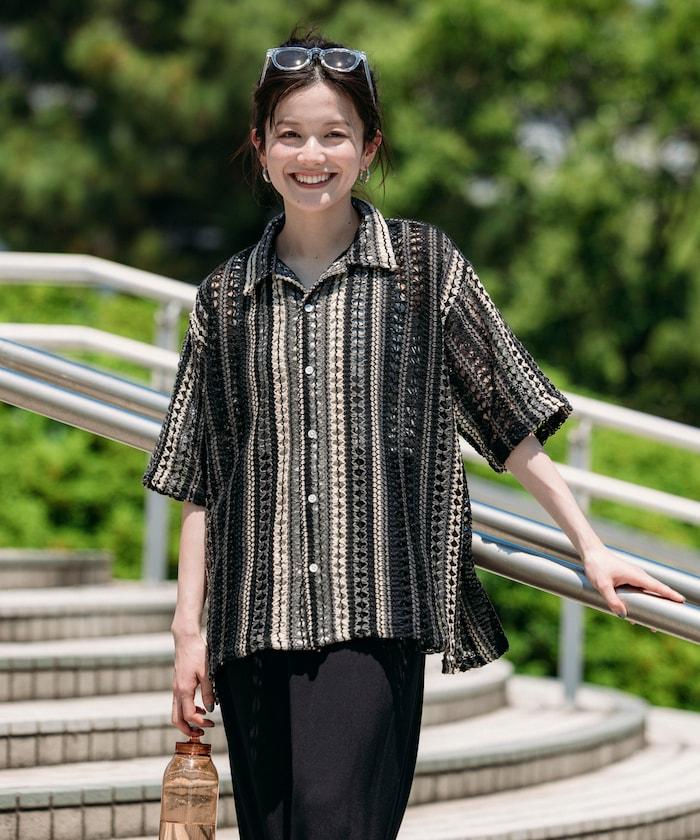 印度制 寬鬆版型 綜合圖案蕾絲 多色條紋 開領襯衫 短袖