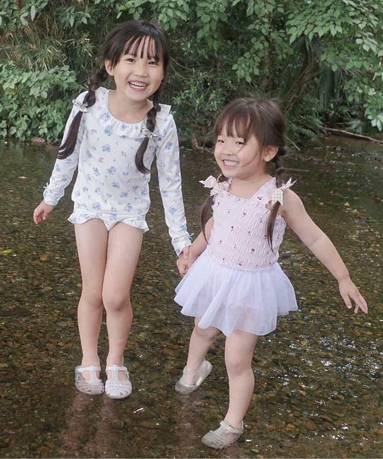 櫻桃花朵圖案蕾絲連衣裙嬰兒泳裝