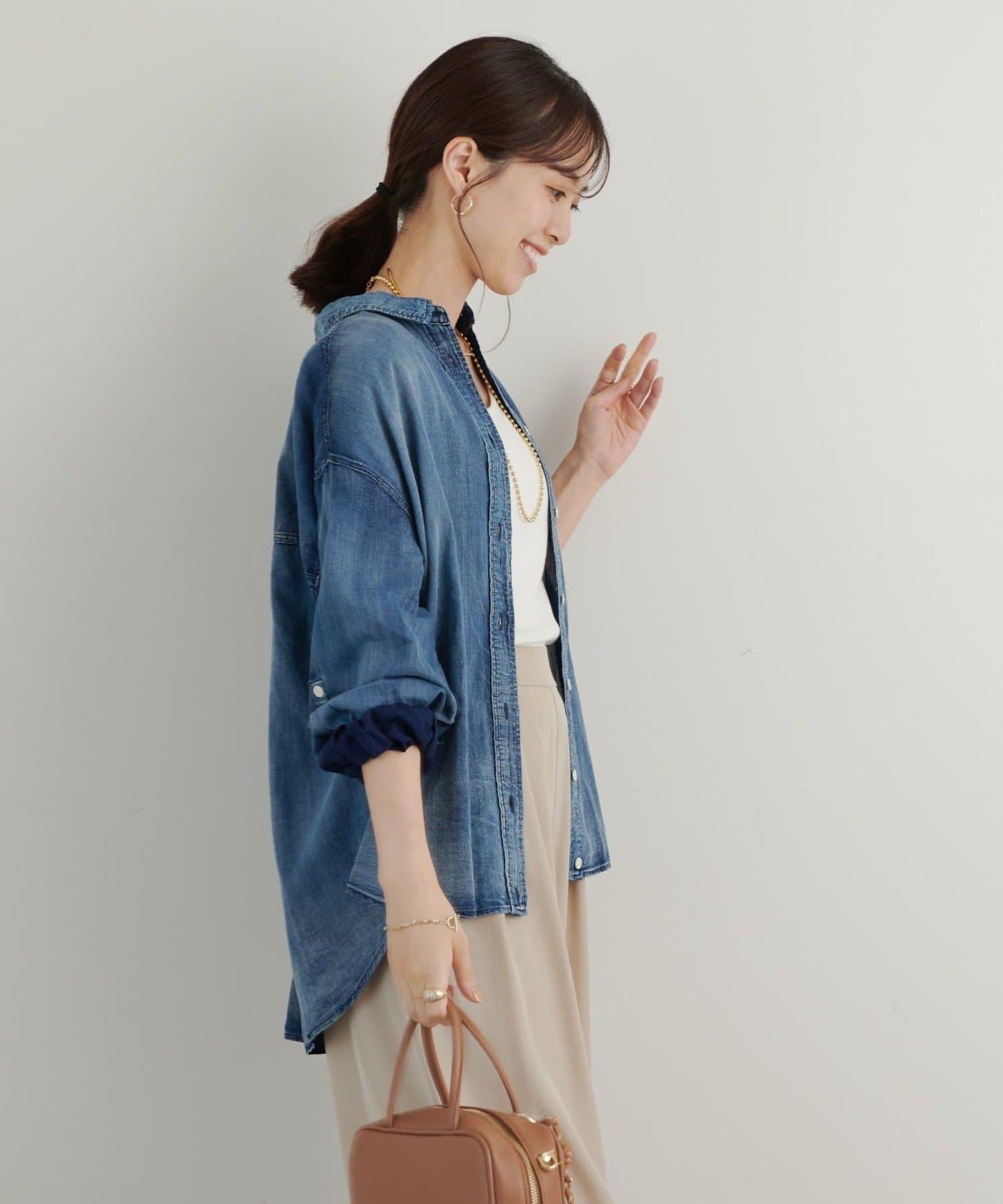 《100%棉・成人休閒風格》牛仔風深褶襯衫