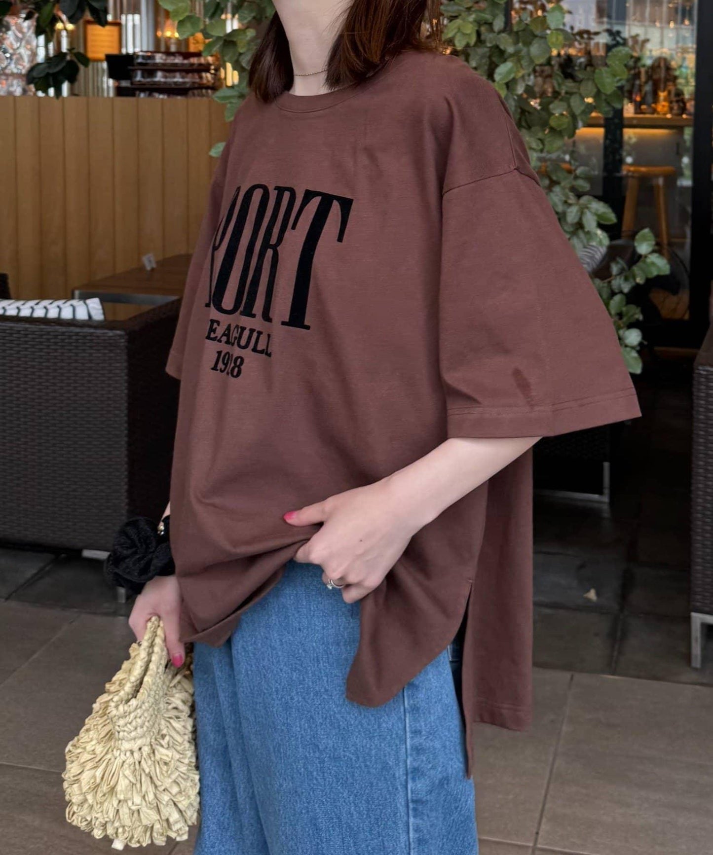 絨布標誌印花短袖oversize T 恤
