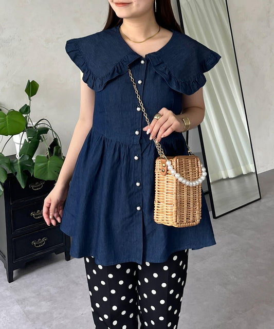 大領珍珠扣荷葉邊上衣