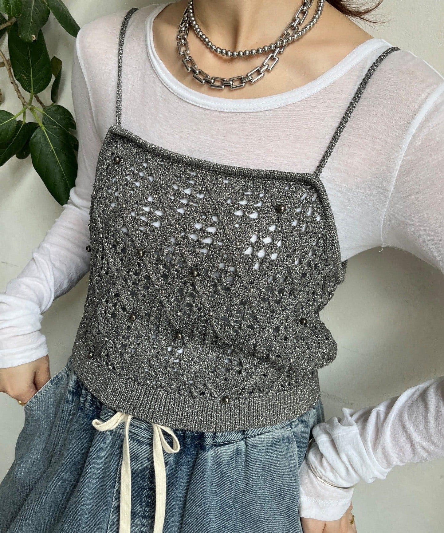 【限定】閃亮網眼吊帶背心