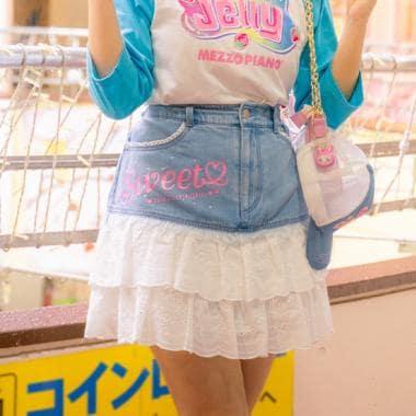 復刻♪ 牛仔拼接蕾絲甜美半身裙