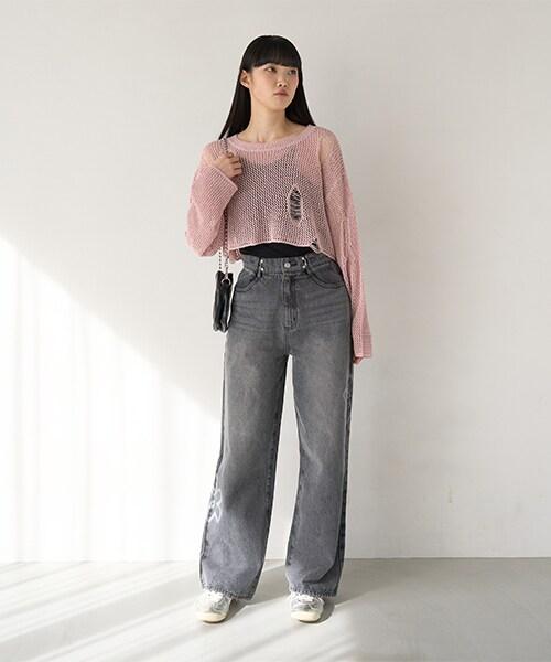 褶皺牛仔寬腿褲【韓國時尚】