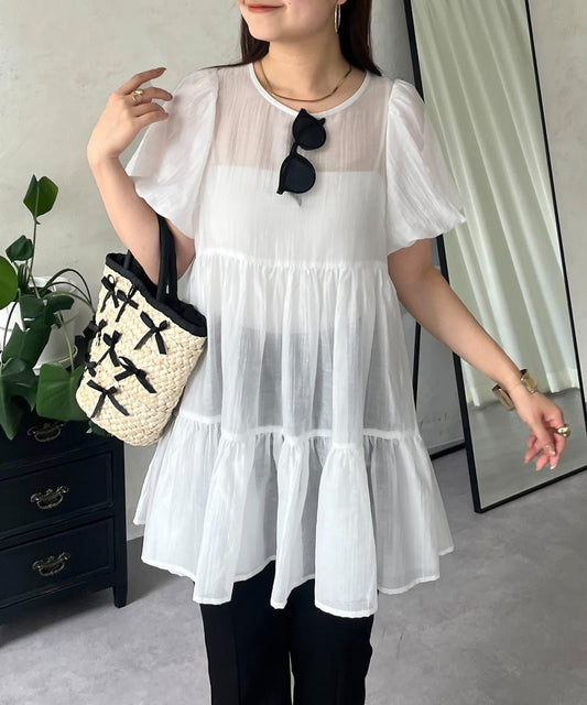 泡泡袖透視層疊襯衫