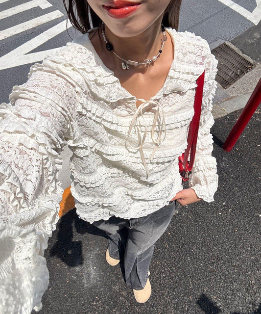 水手領彩色蕾絲荷葉邊上衣