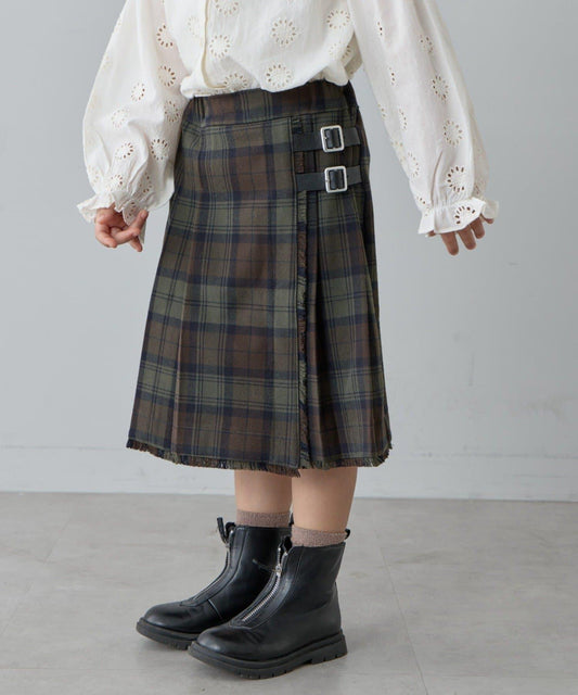 【兒童】【紅色&藍色】褶皺及膝格子裙