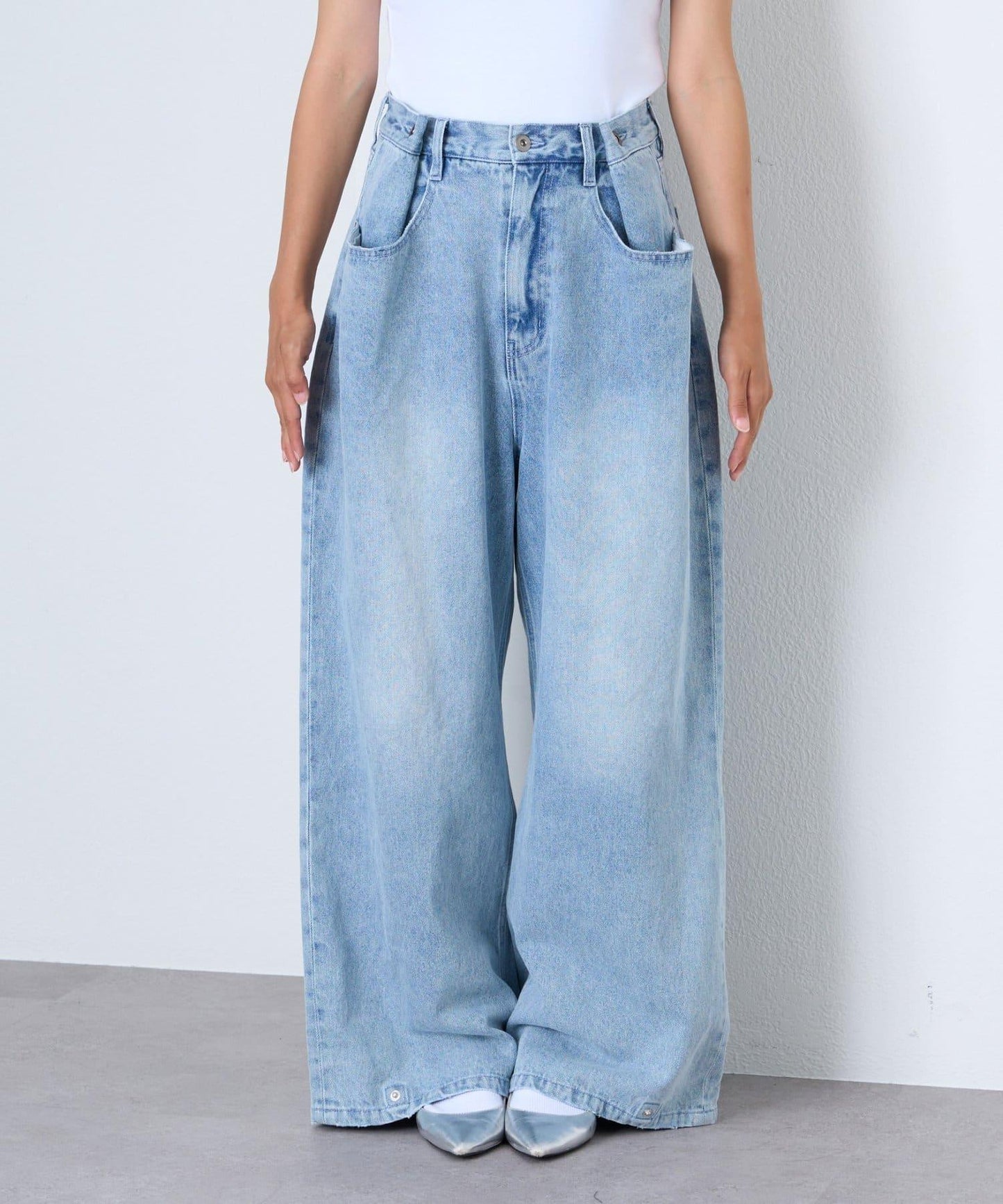 【薩基企劃】【可調節腰圍】超染褶皺設計牛仔褲