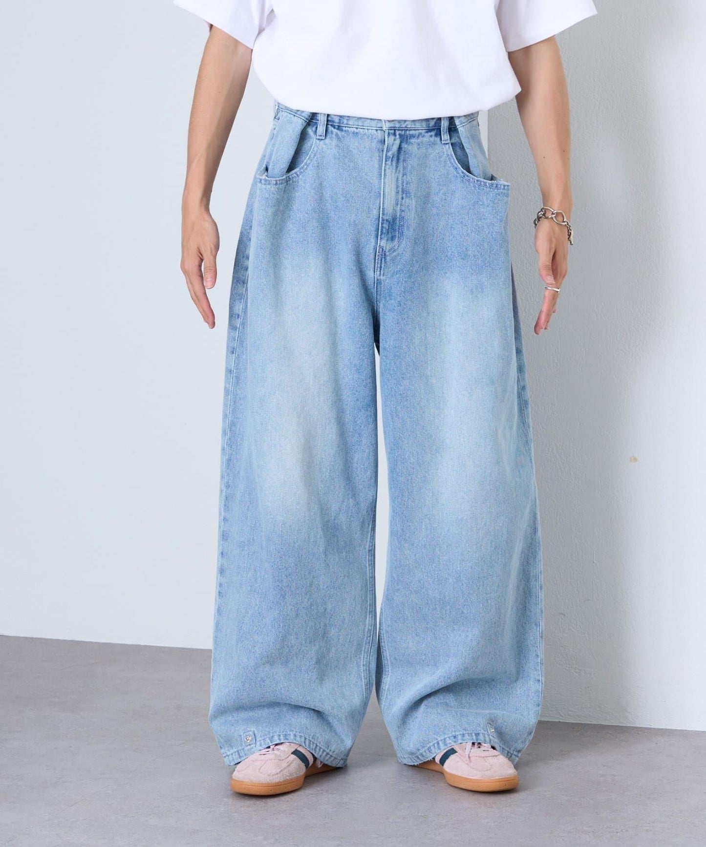 【薩基企劃】【可調節腰圍】超染褶皺設計牛仔褲