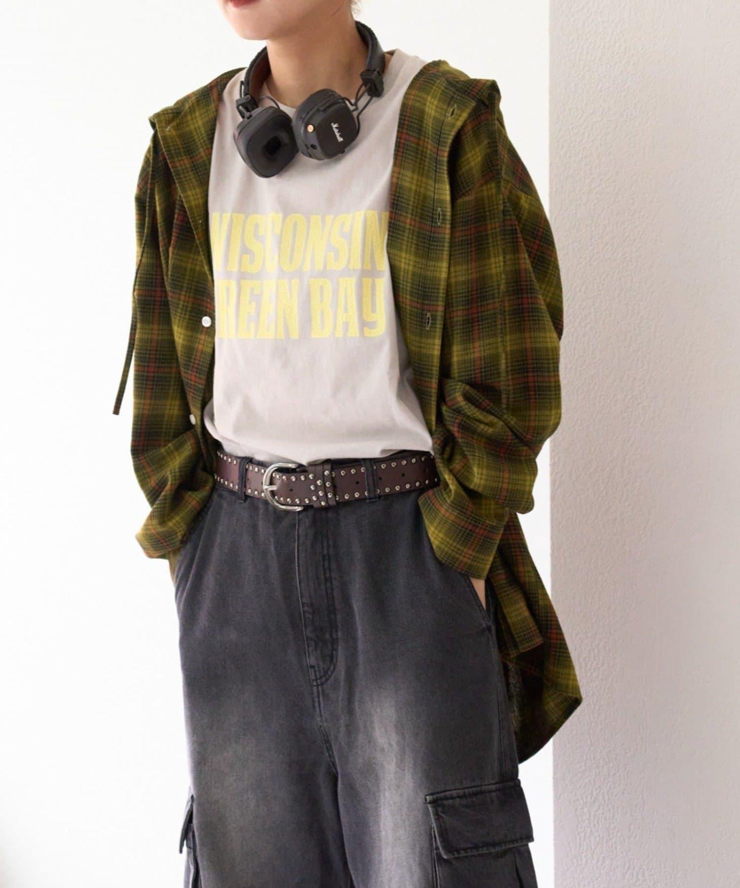 【亞卡企劃】帶食物口袋的混搭加工格子襯衫