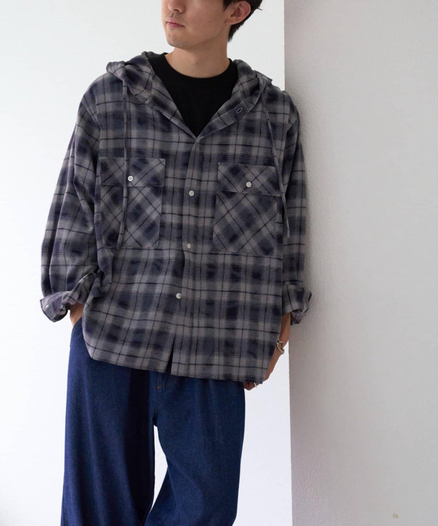 【亞卡企劃】帶食物口袋的混搭加工格子襯衫