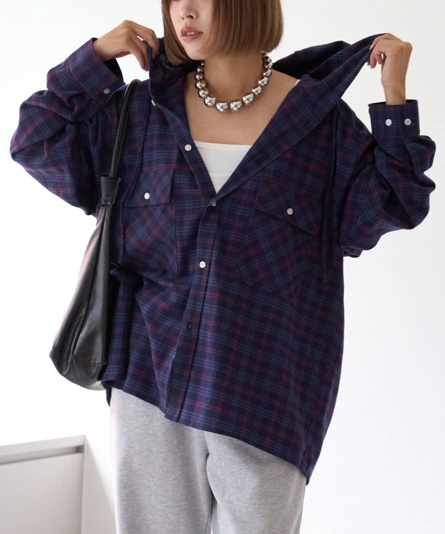 【亞卡企劃】帶食物口袋的混搭加工格子襯衫