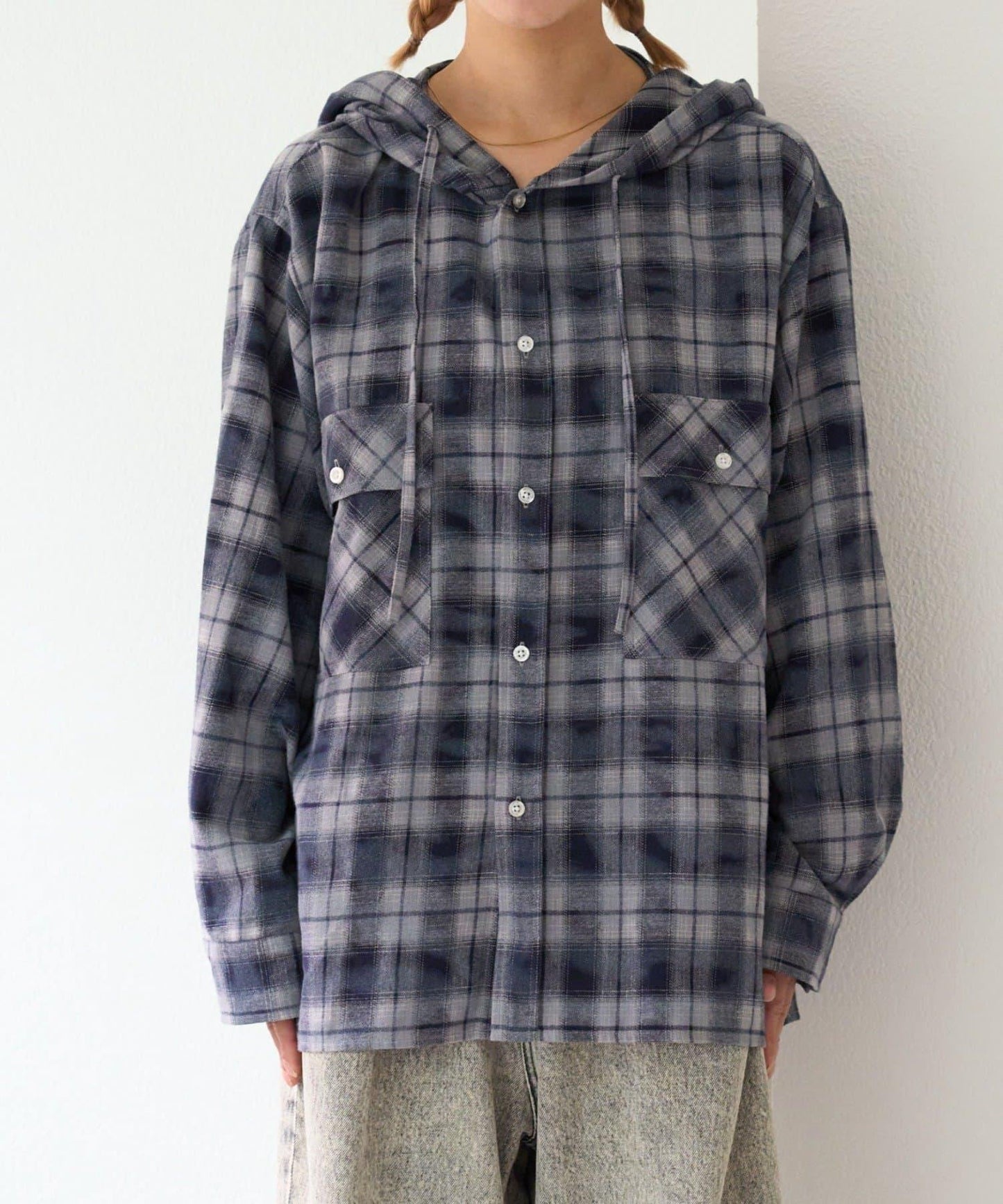 【亞卡企劃】帶食物口袋的混搭加工格子襯衫