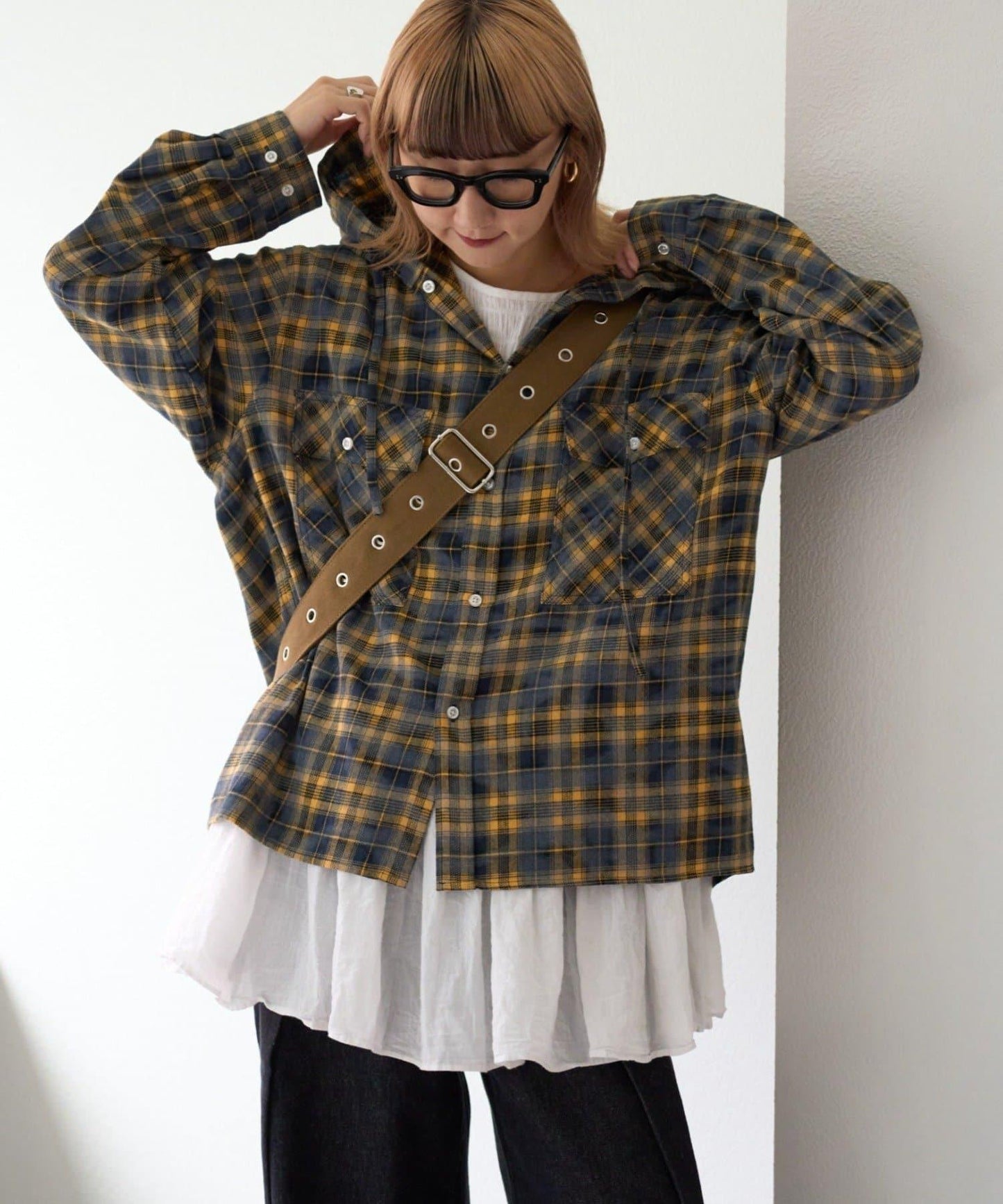 【亞卡企劃】帶食物口袋的混搭加工格子襯衫