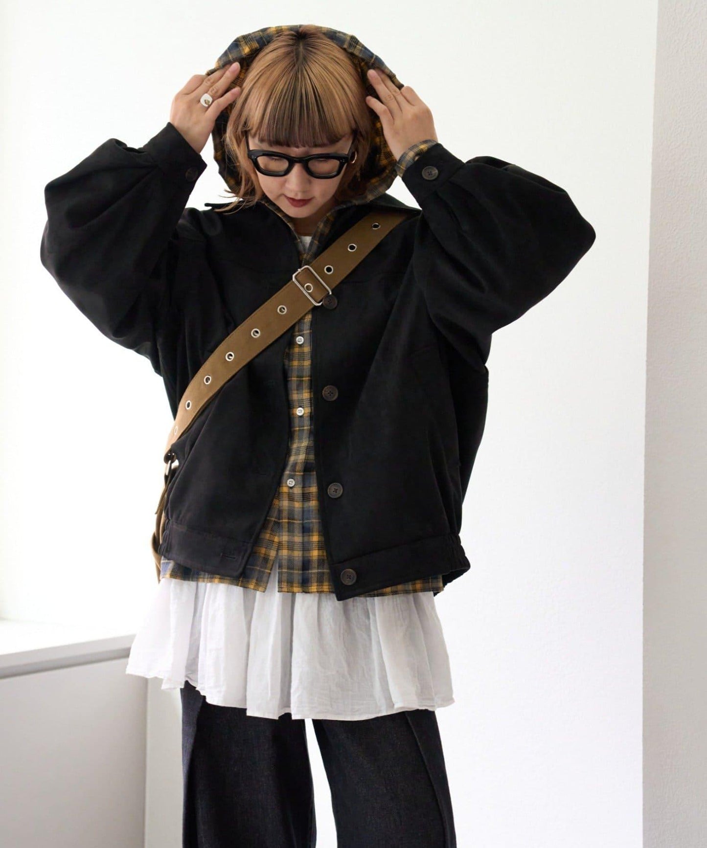 【亞卡企劃】帶食物口袋的混搭加工格子襯衫