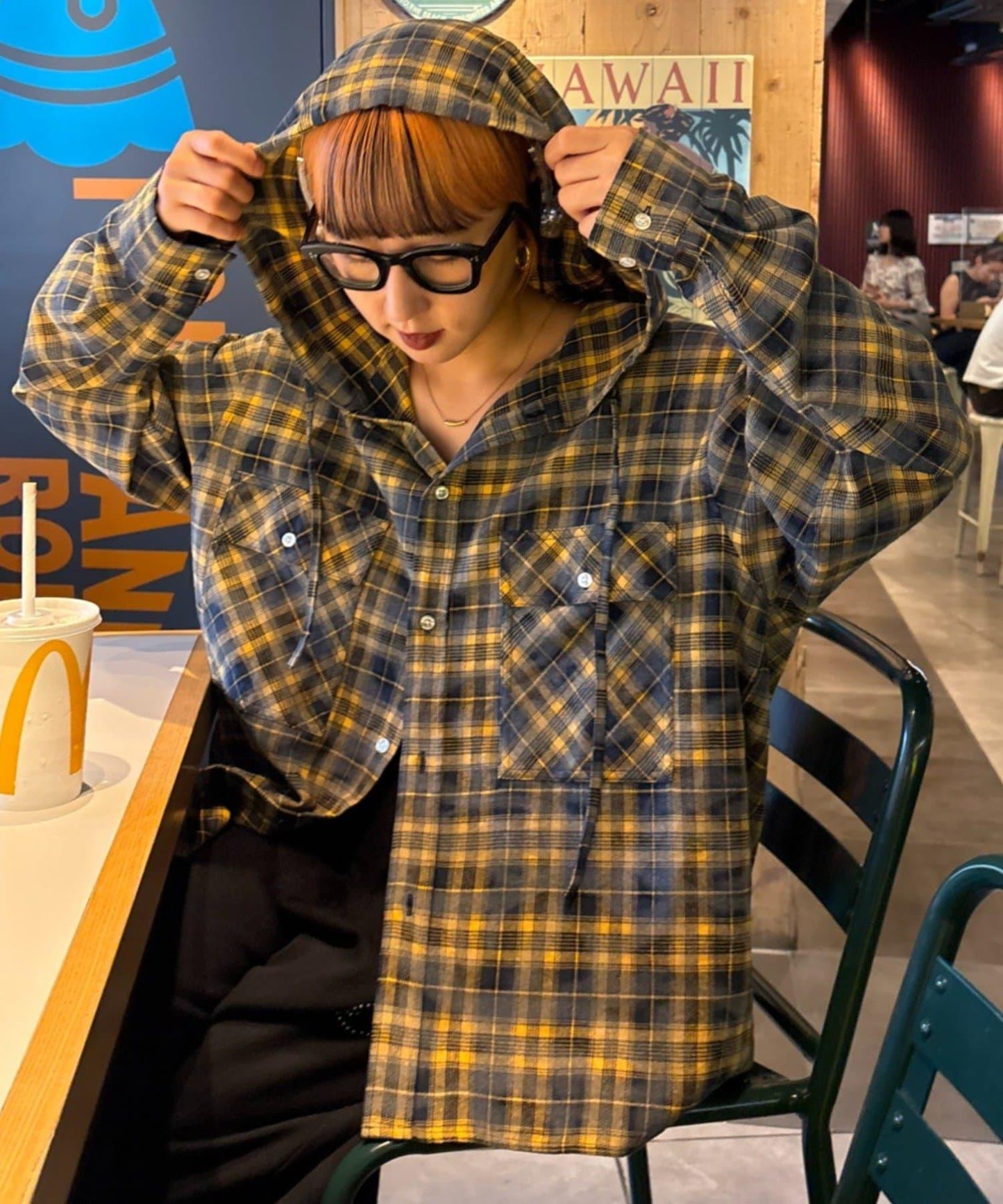 【亞卡企劃】帶食物口袋的混搭加工格子襯衫