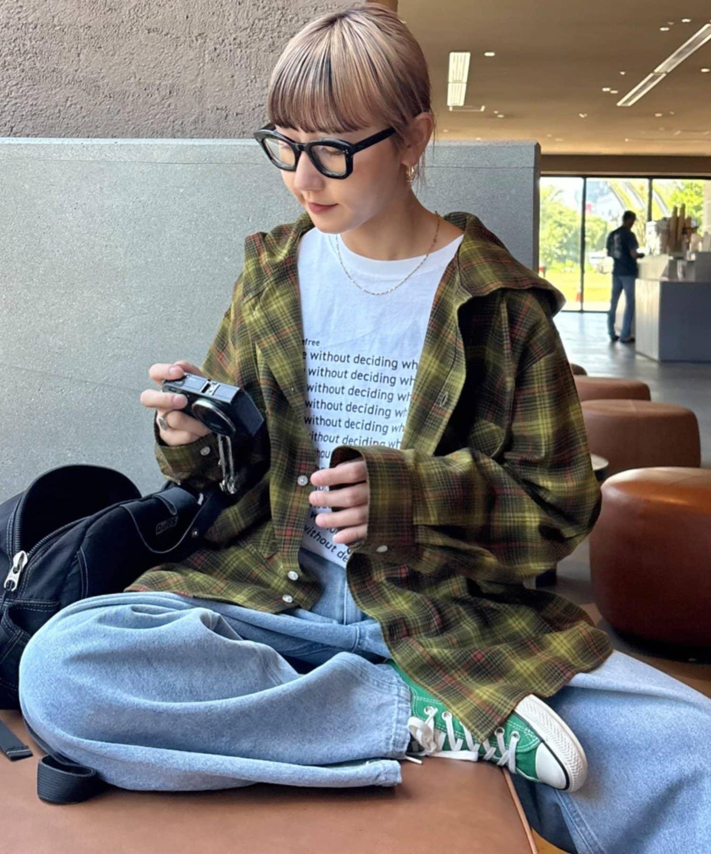 【亞卡企劃】帶食物口袋的混搭加工格子襯衫