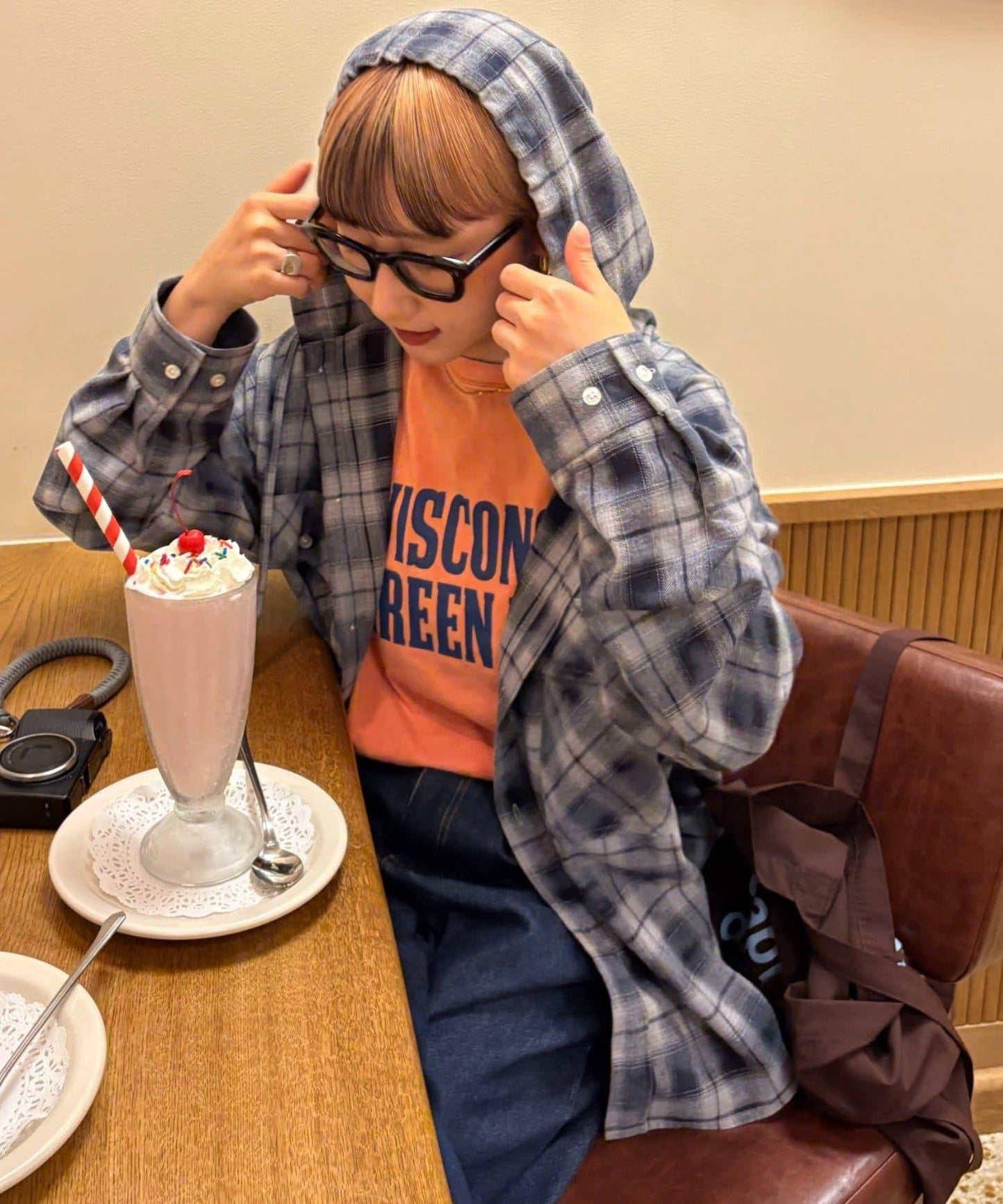 【亞卡企劃】帶食物口袋的混搭加工格子襯衫