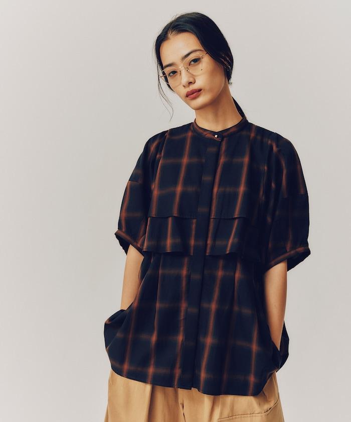 漸變格紋 波浪領襯衫 / 5分袖格紋襯衫