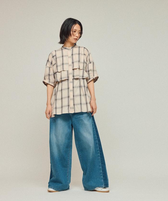 漸變格紋 波浪領襯衫 / 5分袖格紋襯衫