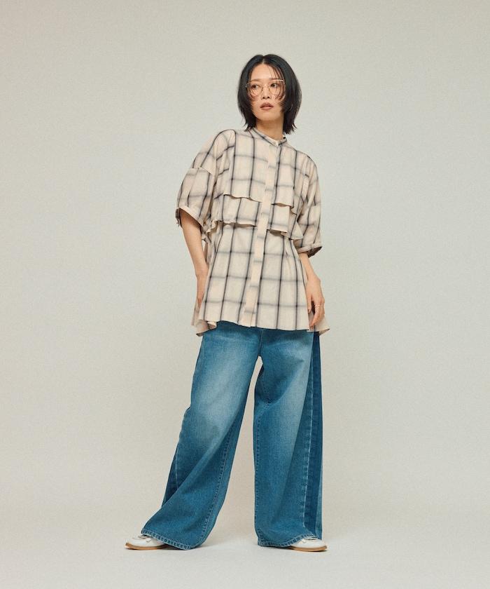 漸變格紋 波浪領襯衫 / 5分袖格紋襯衫