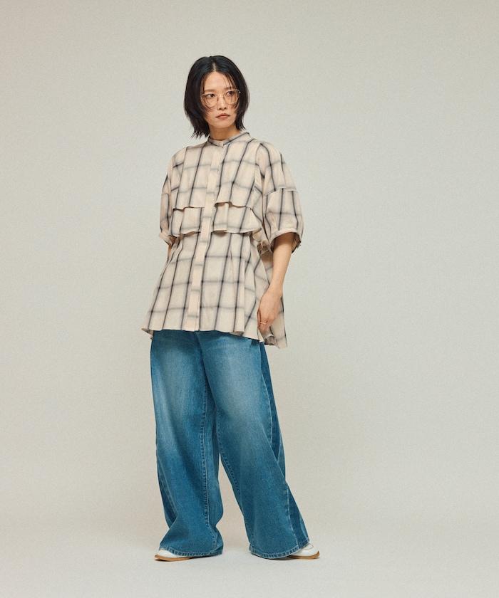 漸變格紋 波浪領襯衫 / 5分袖格紋襯衫