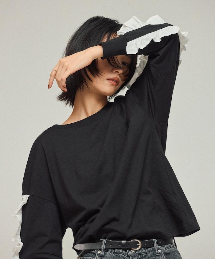 有機棉 袖飾邊 長袖T恤 / 長袖T恤