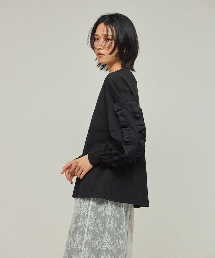 有機棉 袖飾邊 長袖T恤 / 長袖T恤