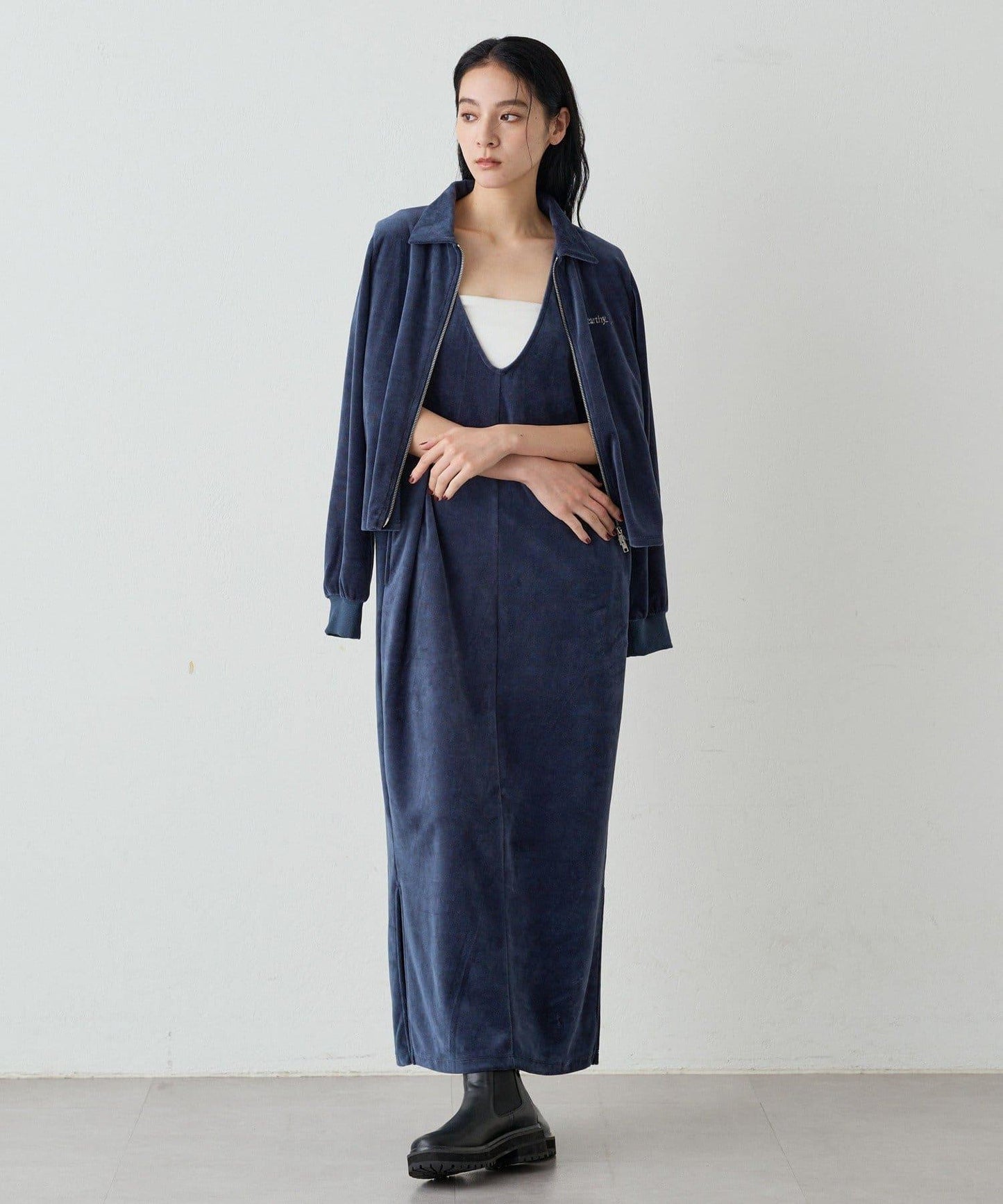 【earthy_】棉質絲絨雙拉鍊開衫