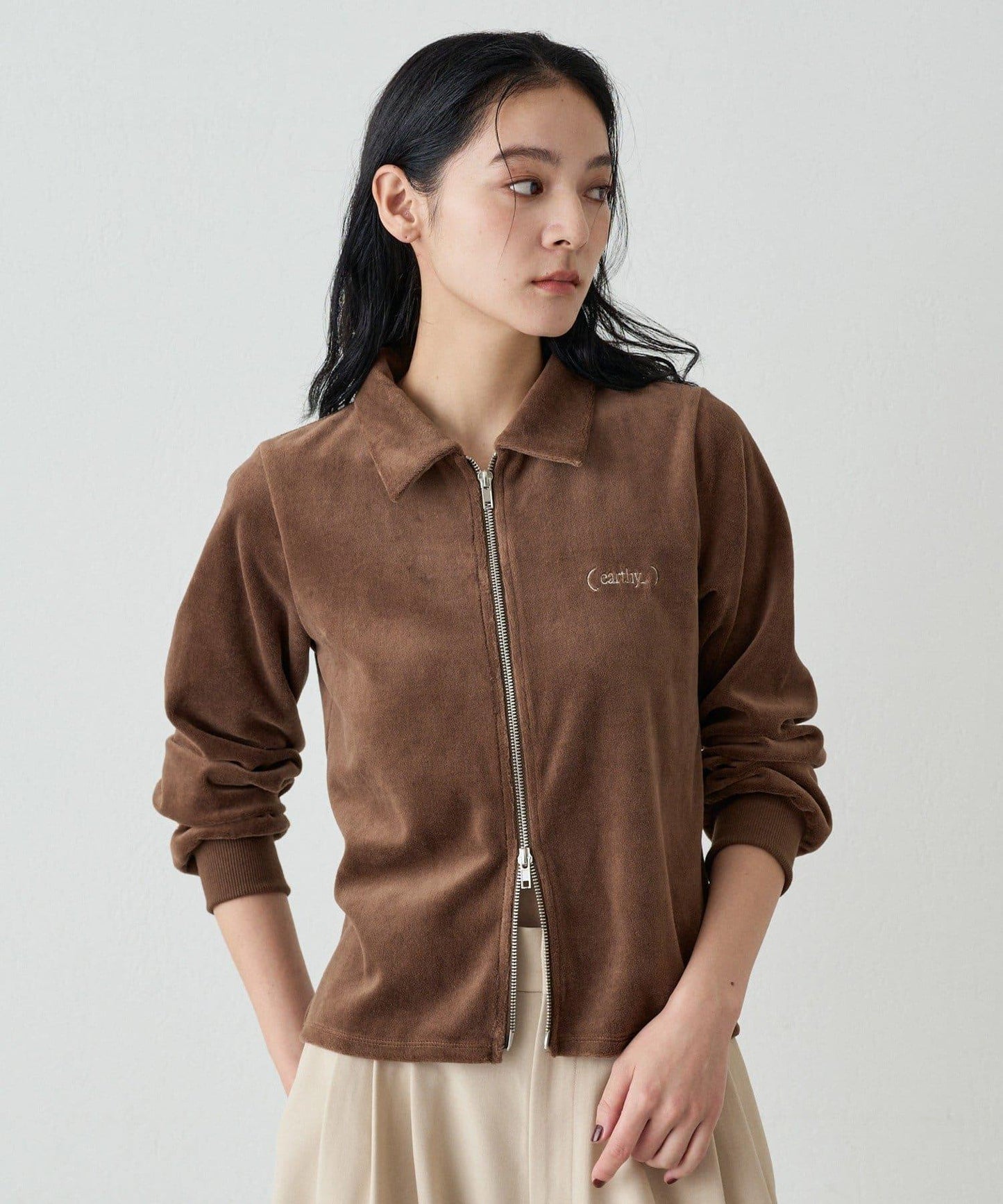 【earthy_】棉質絲絨雙拉鍊開衫