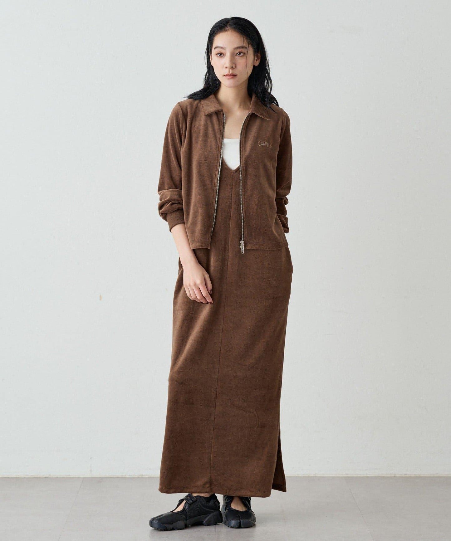 【earthy_】棉質絲絨雙拉鍊開衫
