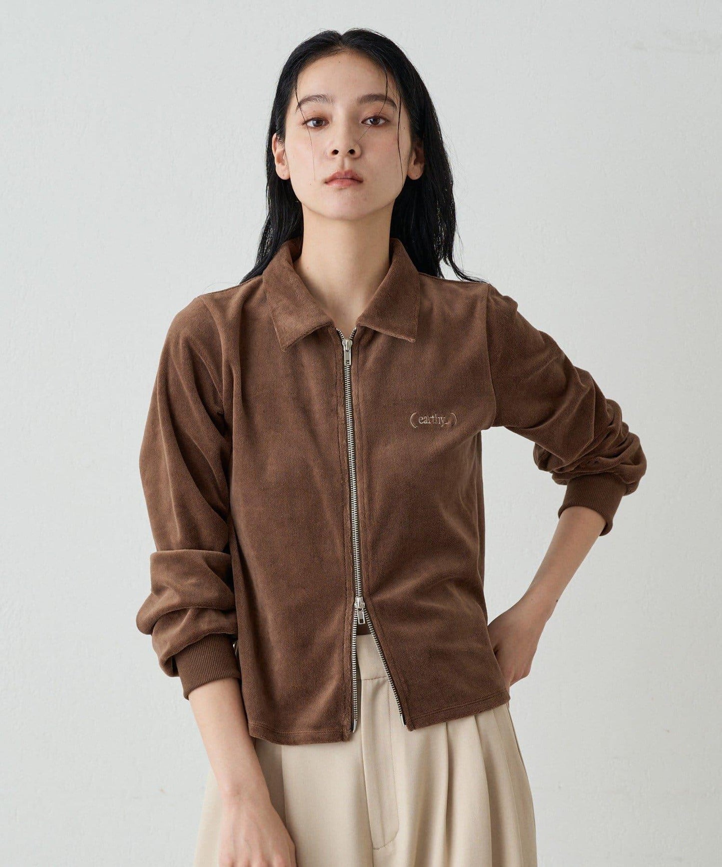 【earthy_】棉質絲絨雙拉鍊開衫