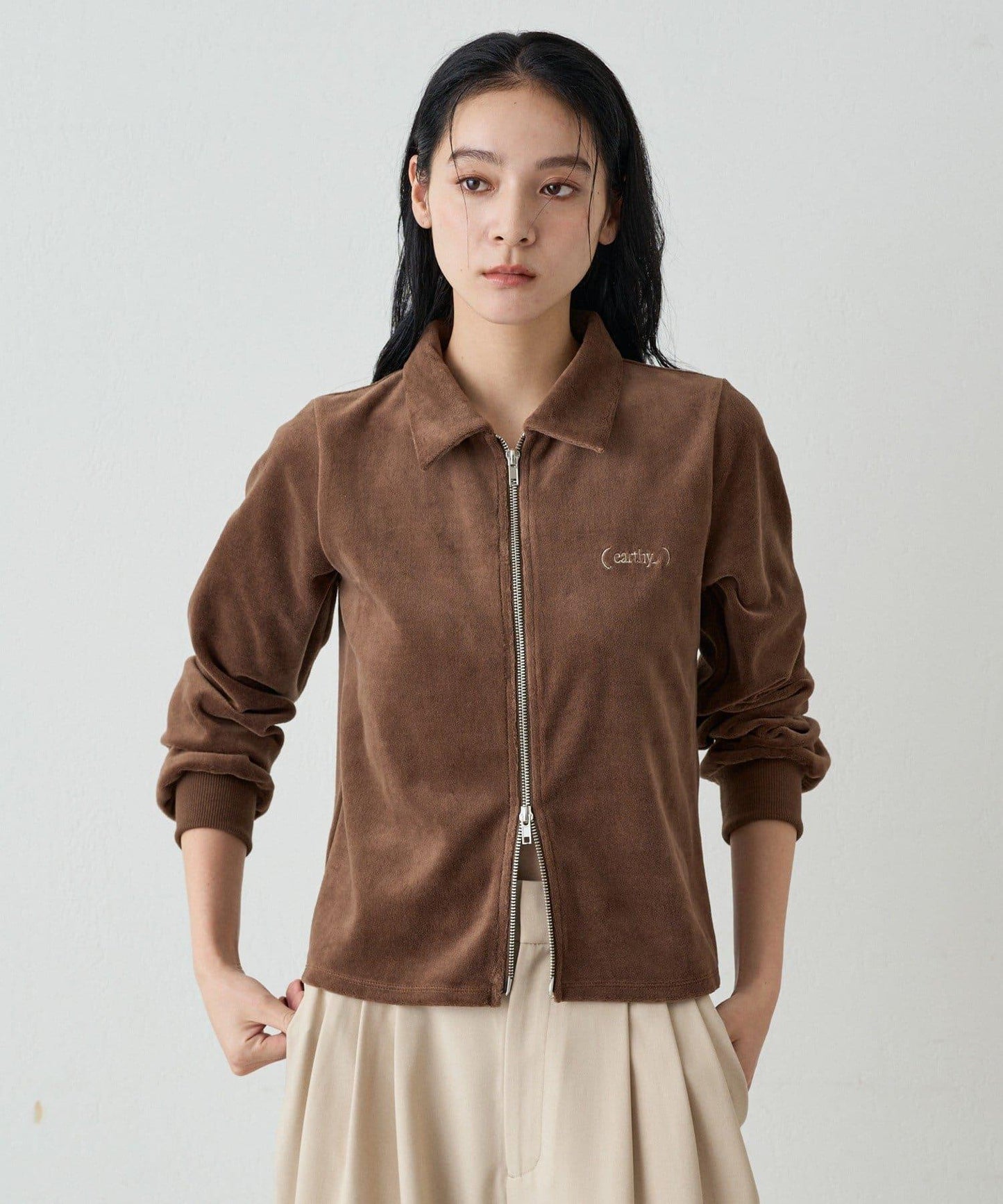 【earthy_】棉質絲絨雙拉鍊開衫