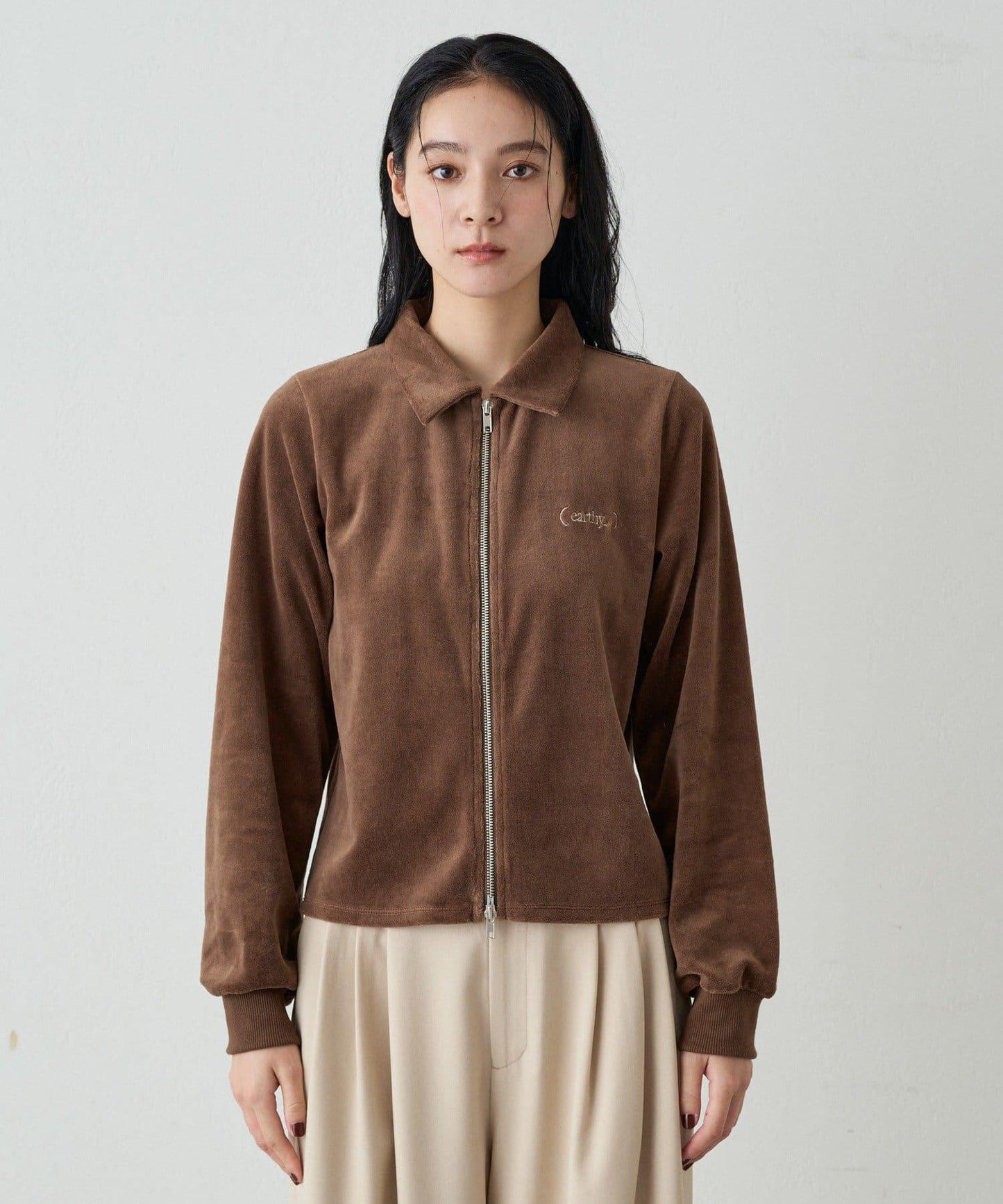 【earthy_】棉質絲絨雙拉鍊開衫