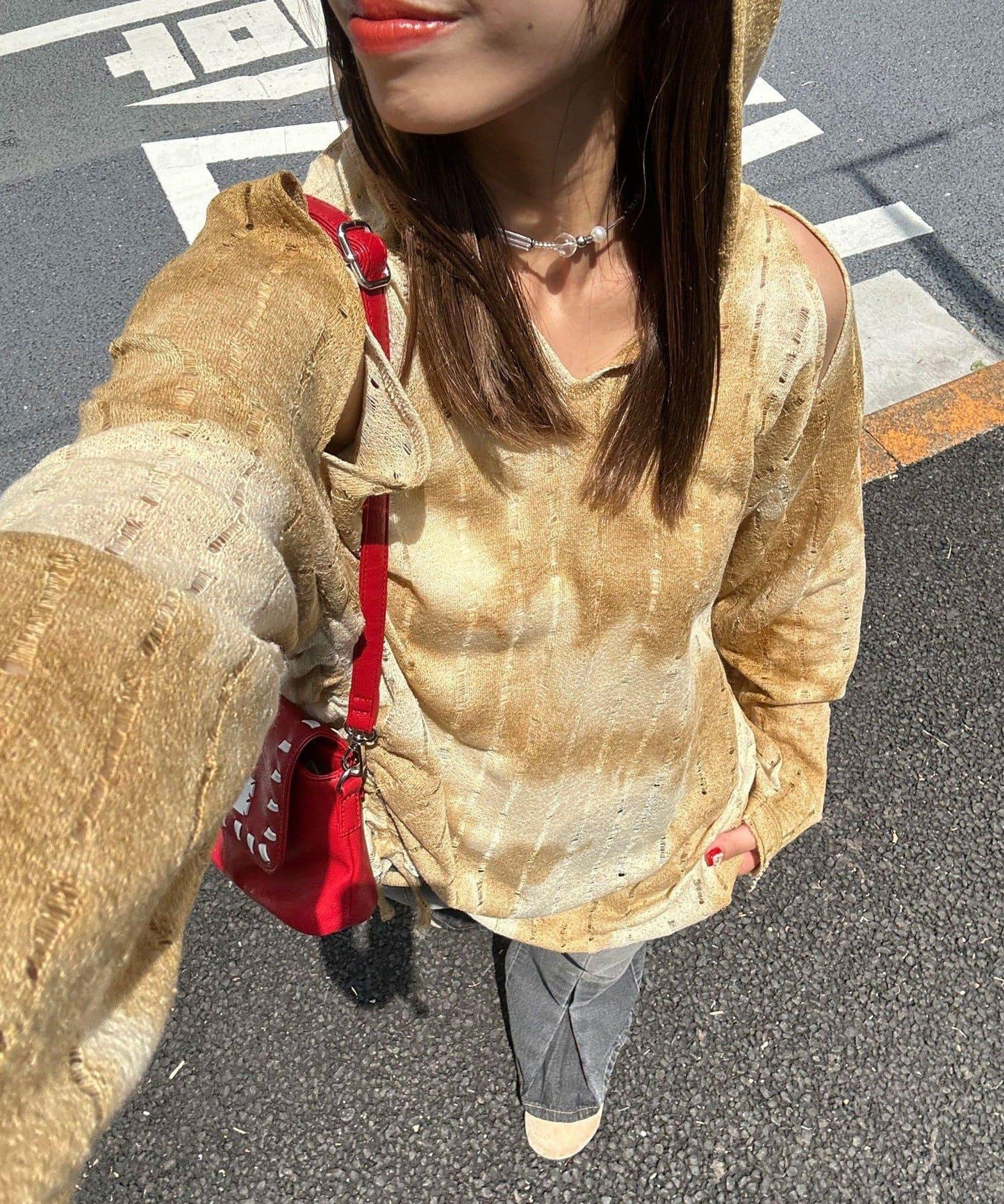 肩部開衩條紋印花連帽衫