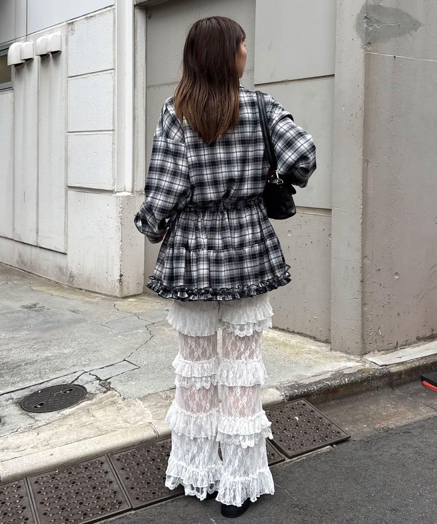 蝴蝶結領下襬層疊格子襯衫連衣裙